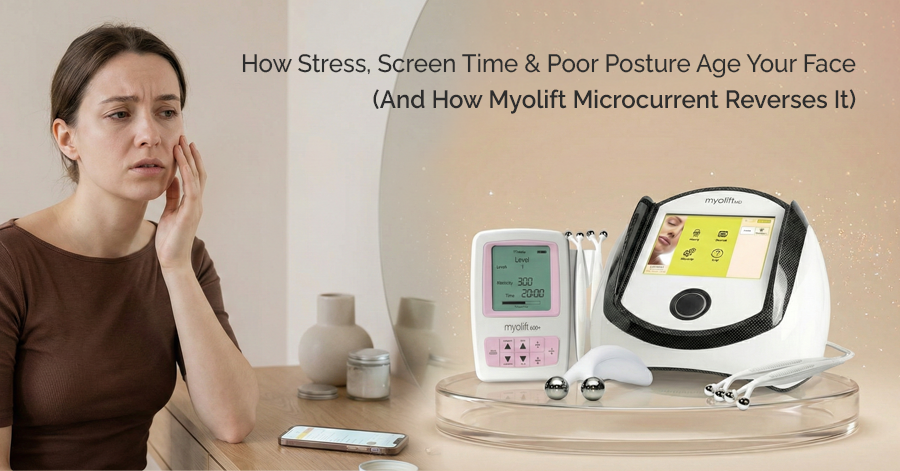 How Stress, Screen Time & Poor Posture Age Your Face (And How MyoLift Microcurrent Reverses It)